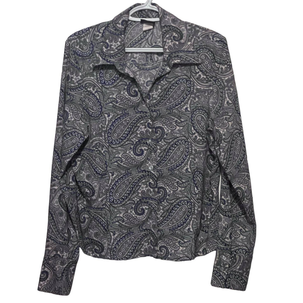 Tailor by B. Moss Women's Blue Black White Paisley Long Sleeve Button Up Blouse